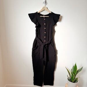 Free People Black Tie Waist Jumpsuit Flutter Sleeve Pockets Boho S